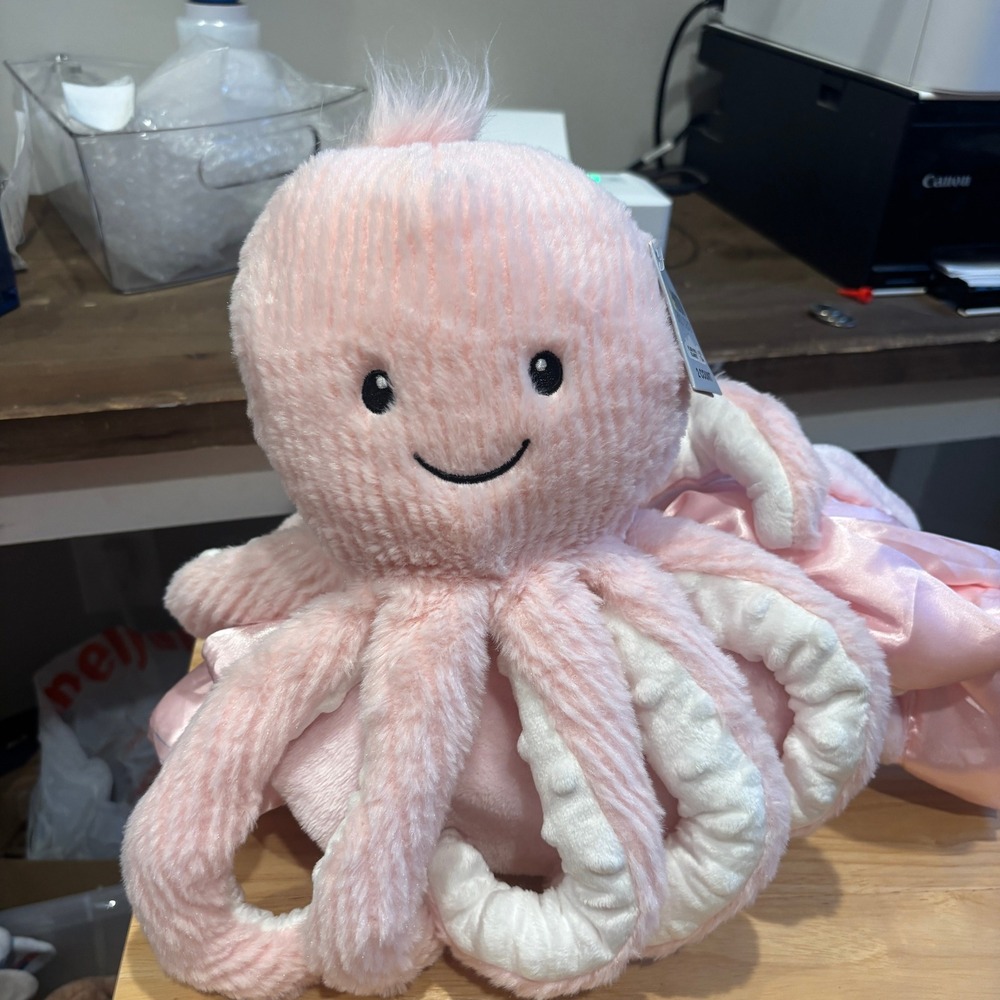 Moon and Stars Pink Octopus Plush with Satin Trim Baby Blanket 2 Piece Set NWT